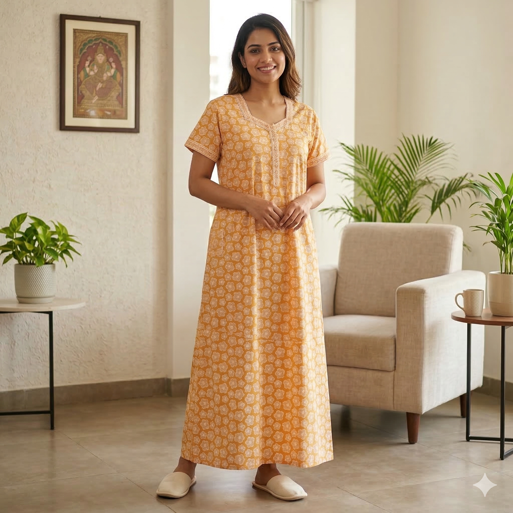 Pure Cotton A-Line Yellow Tulip Nighty