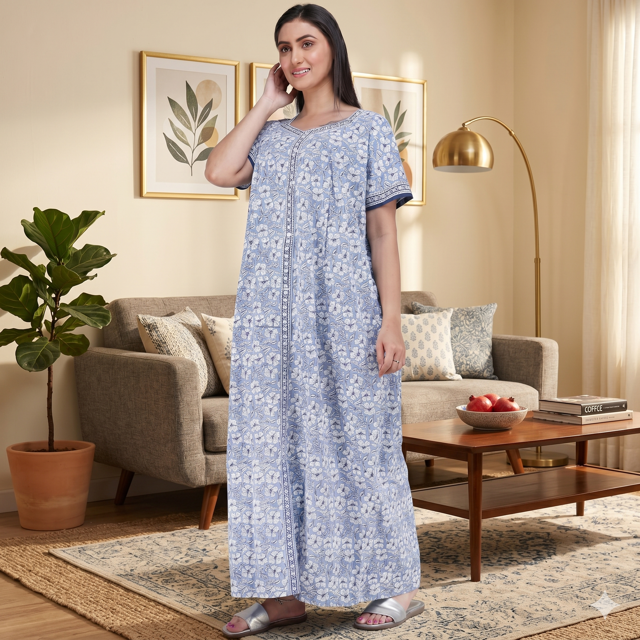 Pure Cotton Blue Carnation Full Front Open Nighty