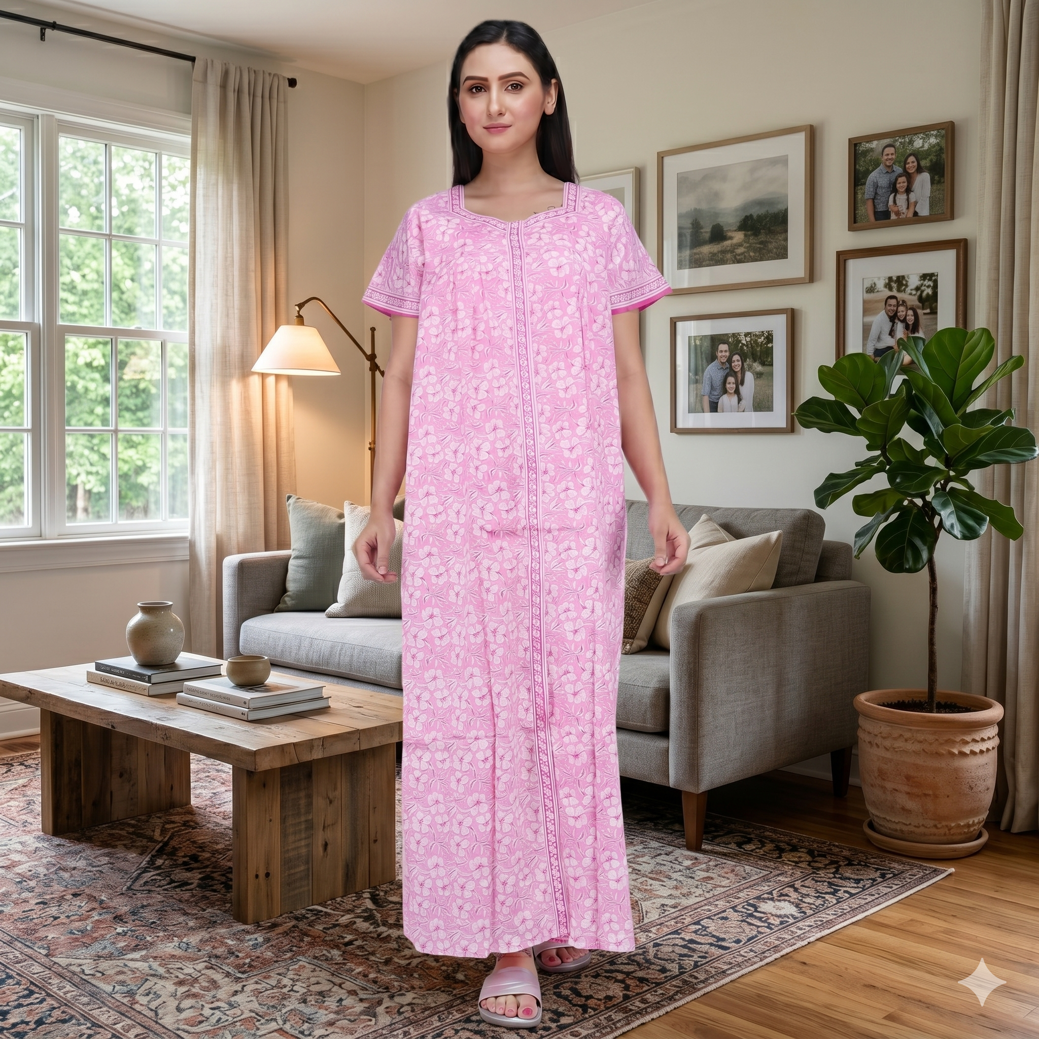 Pure Cotton Pink Carnation Full Front Open Nighty