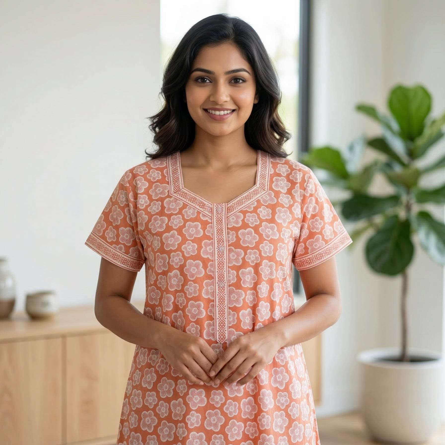 Pure Cotton A-Line Orange Tulip Nighty