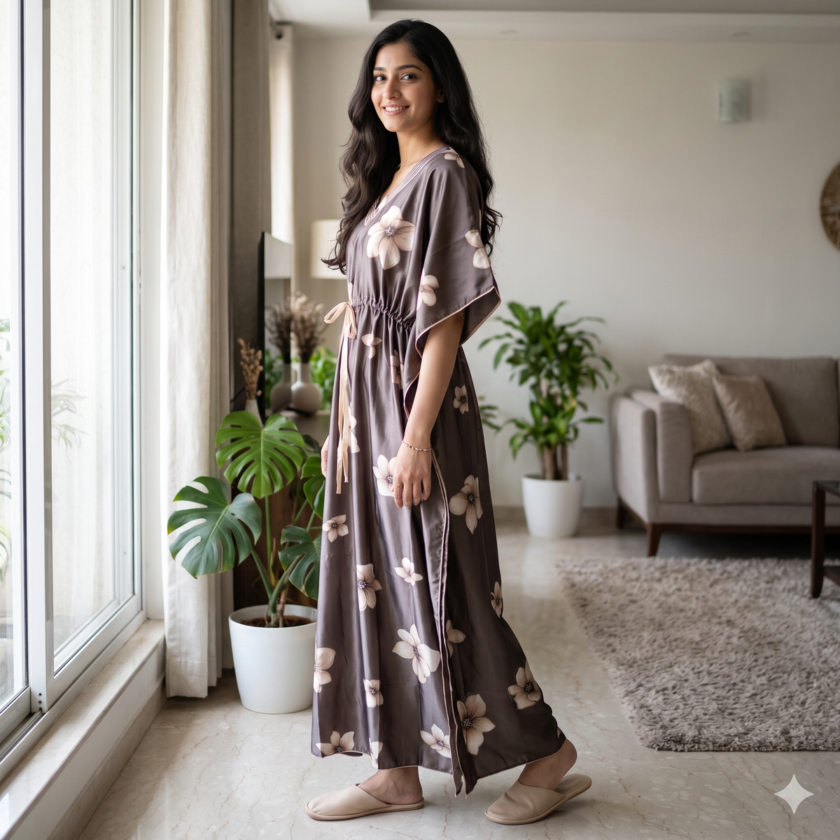 Satin Grey Daisy Kaftan Nighty