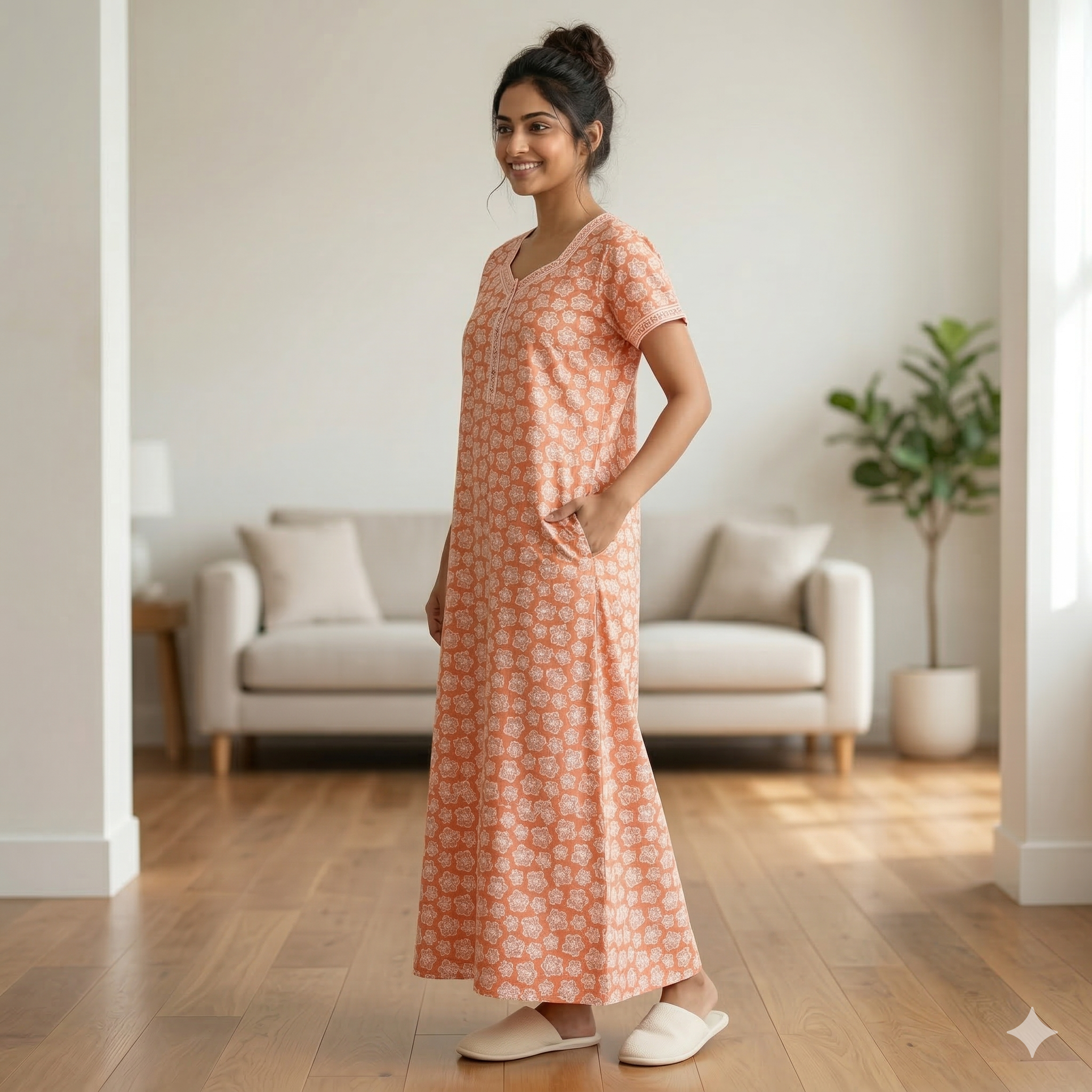 Pure Cotton A-Line Orange Tulip Nighty