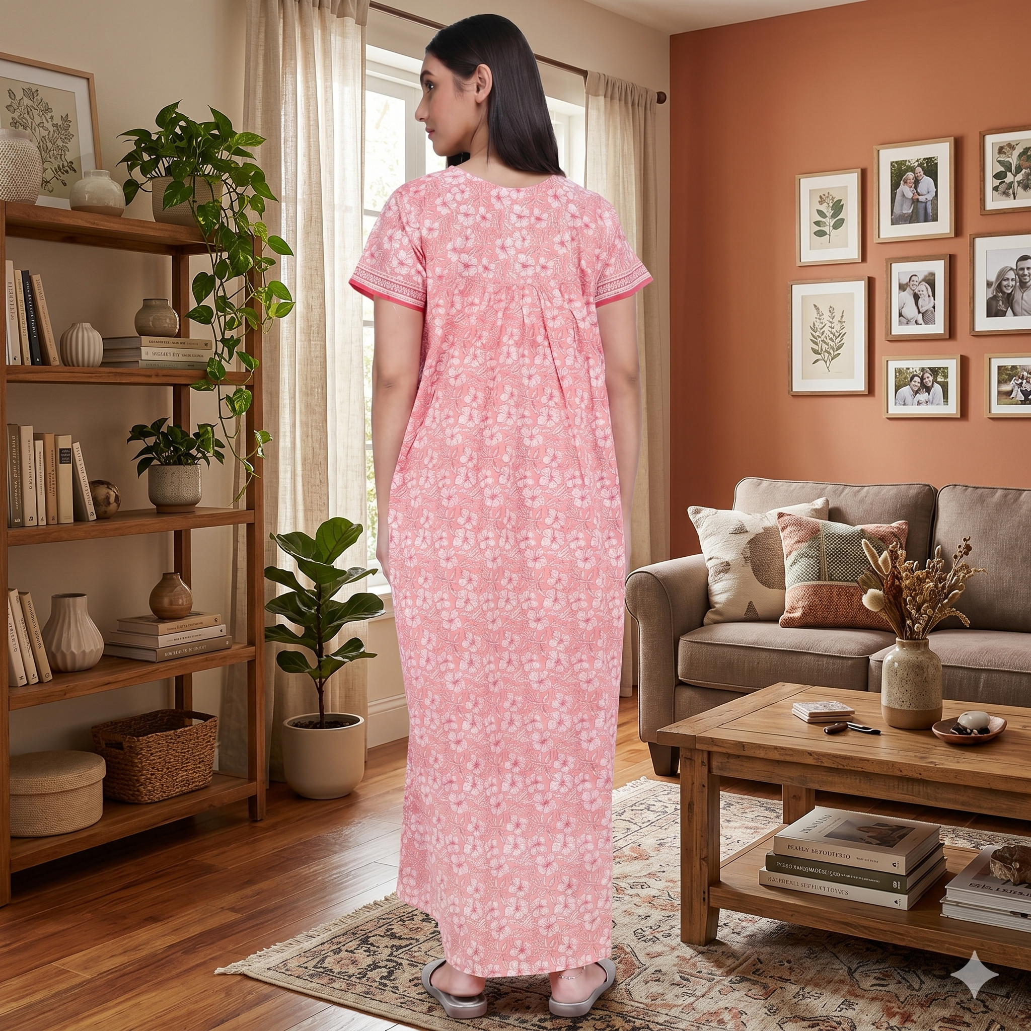 Pure Cotton Peach Carnation Full Front Open Nighty