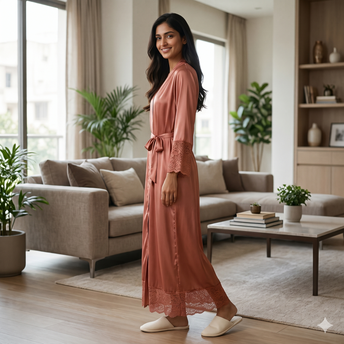 Satin Light Orange Daffodils 2pc Set Housecoat