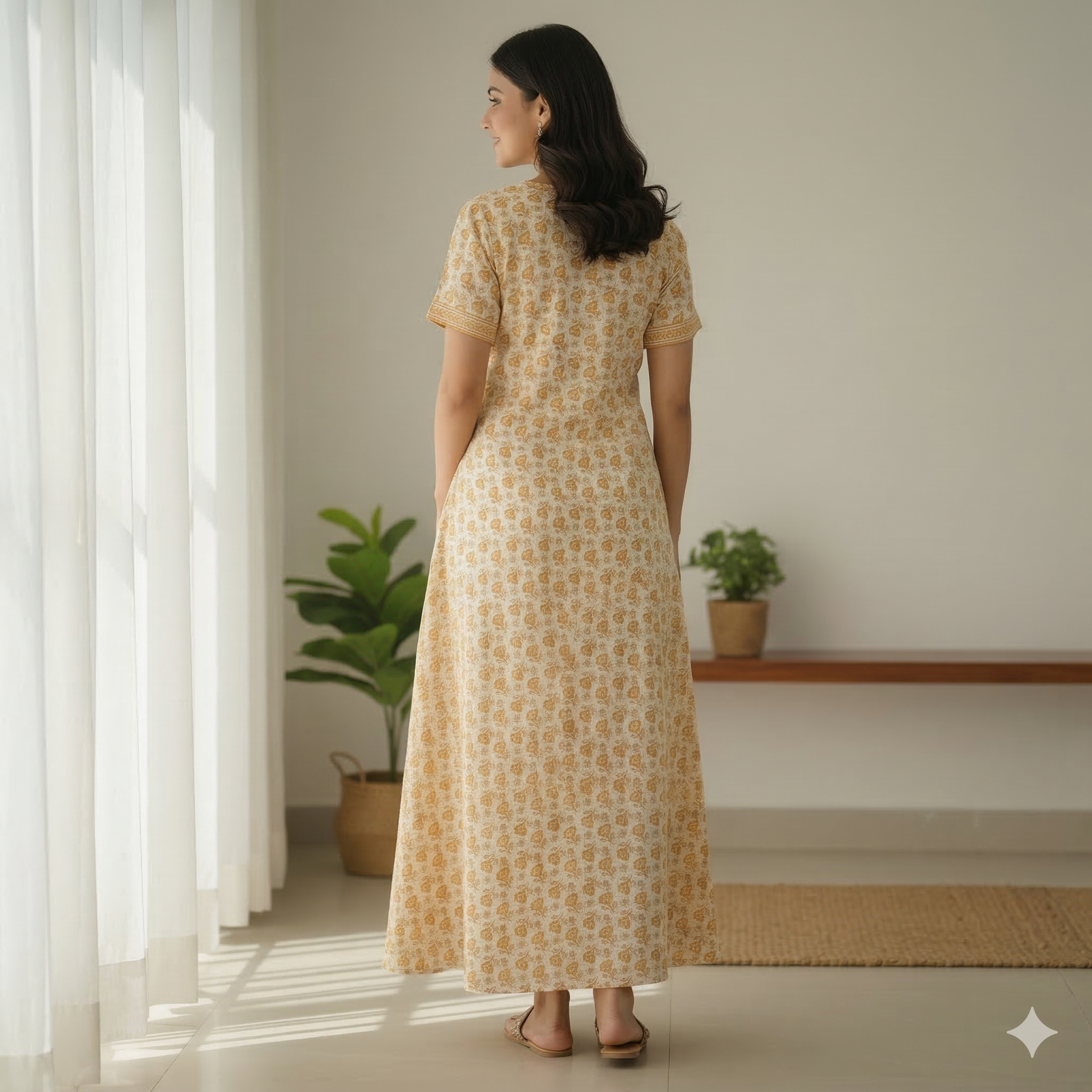 Pure Cotton A-Line Yellow Orchid Nighty