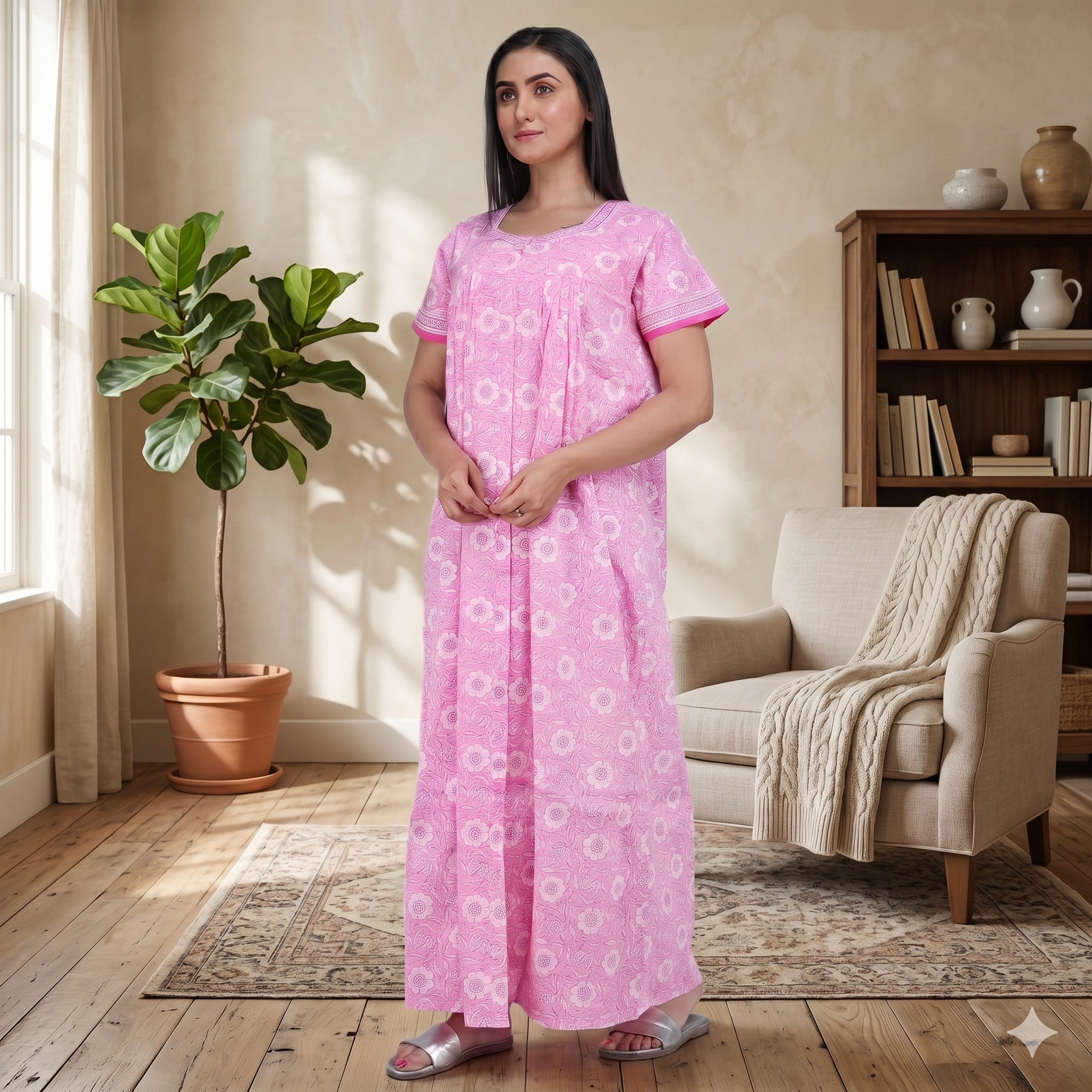 Pure Cotton Light Pink Carnation Full Front Open Nighty