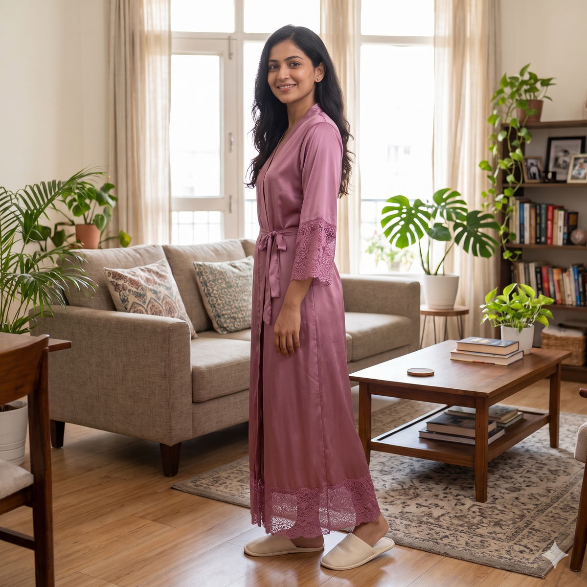 Satin Light Pink Daffodils 2pc Set Housecoat