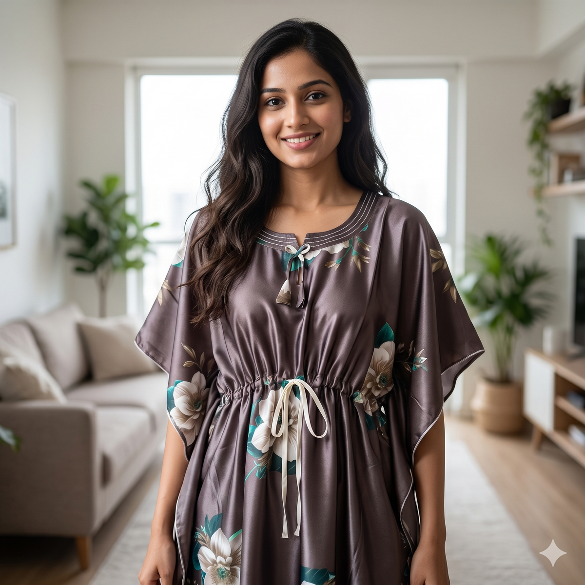Satin Brown Daisy Kaftan Nighty