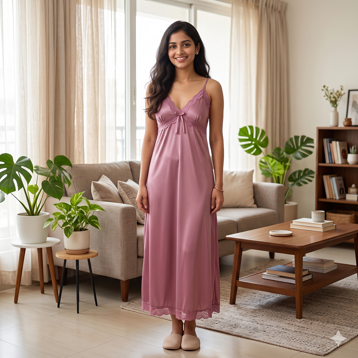 Satin Light Pink Daffodils 2pc Set Housecoat