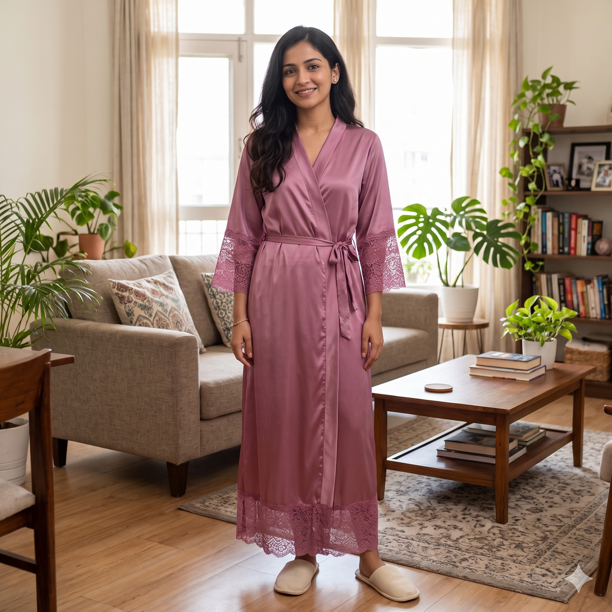 Satin Light Pink Daffodils 2pc Set Housecoat