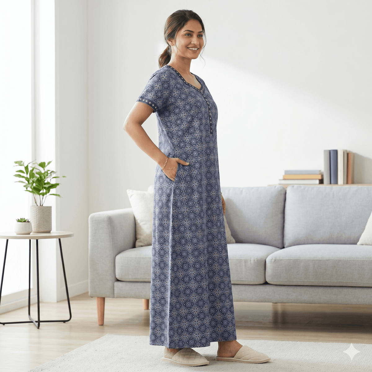 Pure Cotton A-Line Deep Blue Stock Nighty