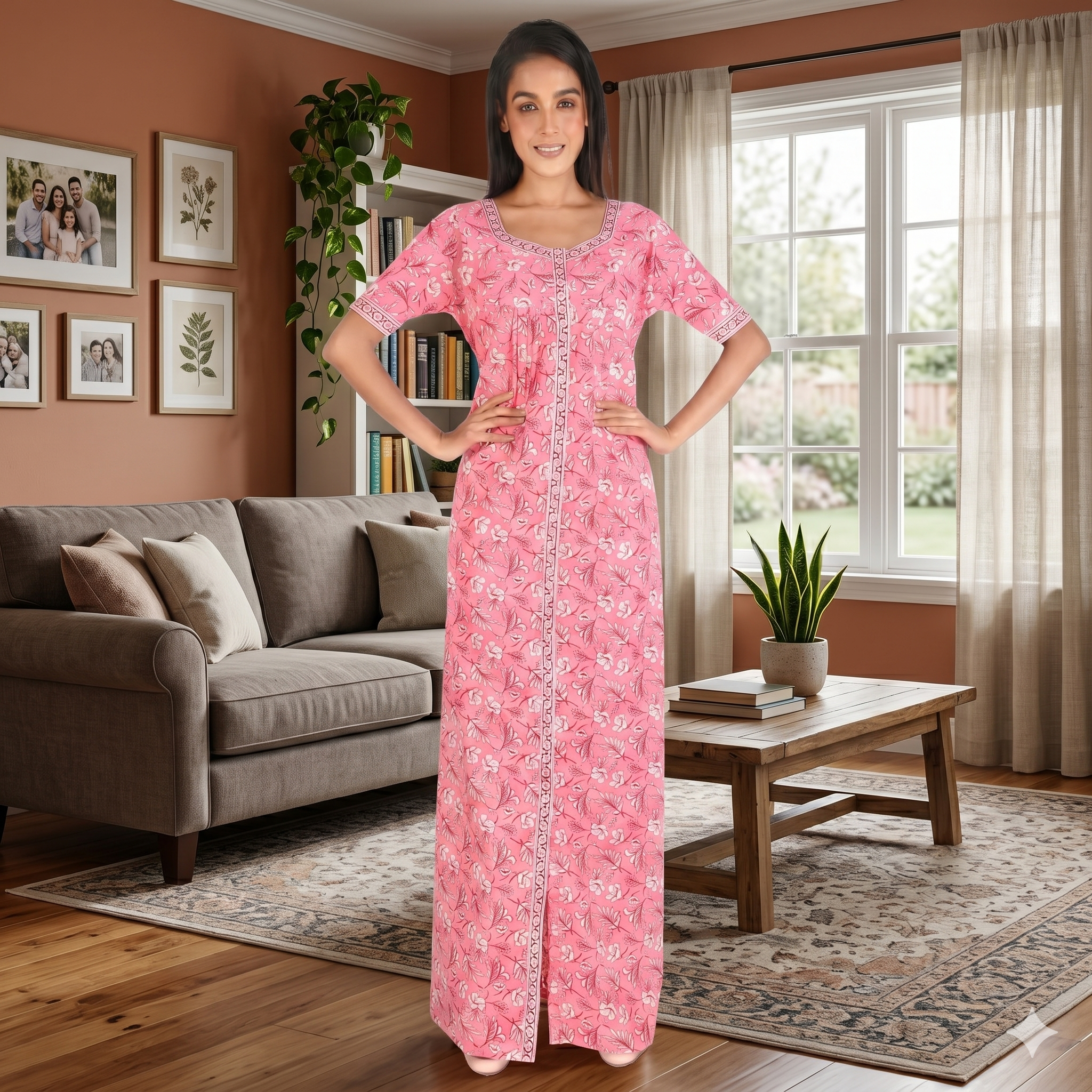 Pure Cotton Rose Pink Carnation Full Front Open Nighty