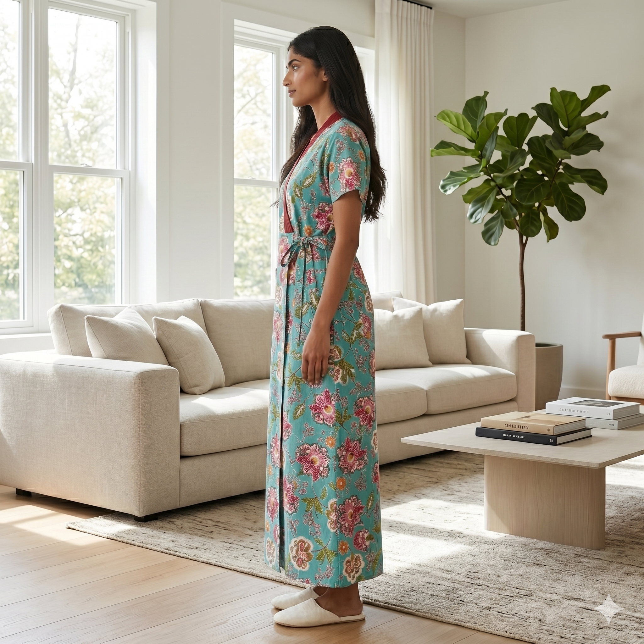 Pure Cotton Sky Blue Peony Housecoat