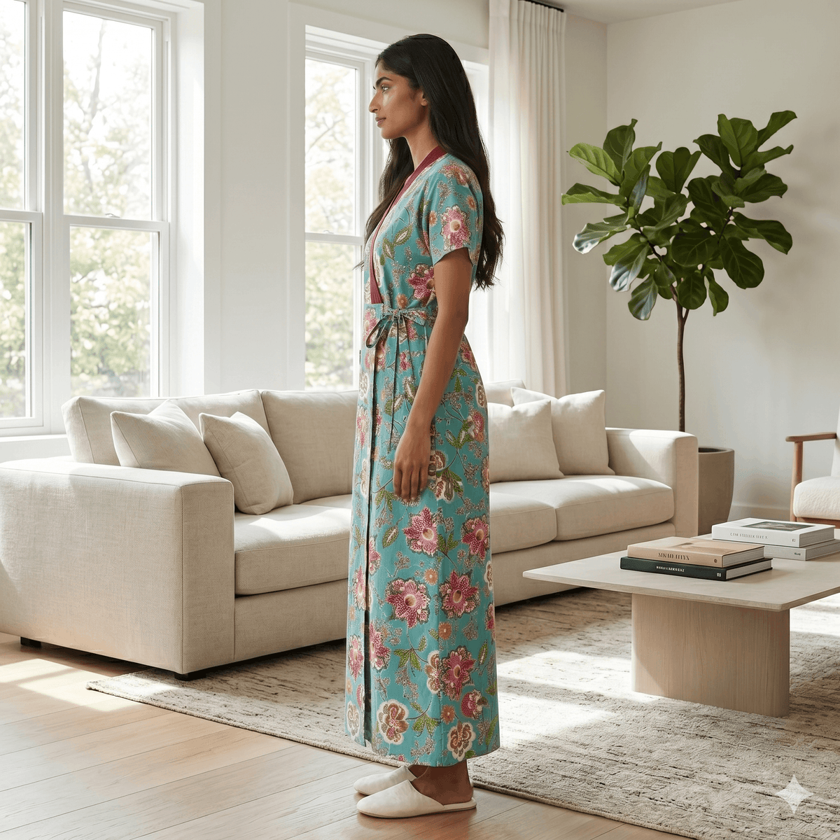 Pure Cotton Sky Blue Peony Housecoat
