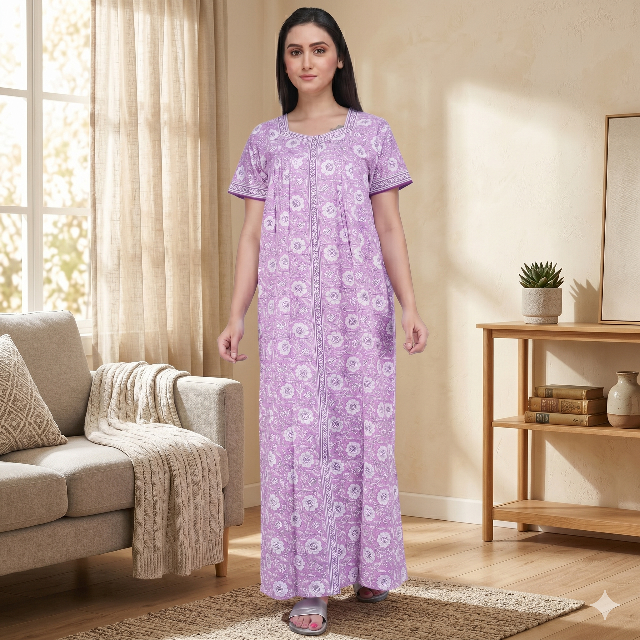 Pure Cotton Light Purple Carnation Full Front Open Nighty
