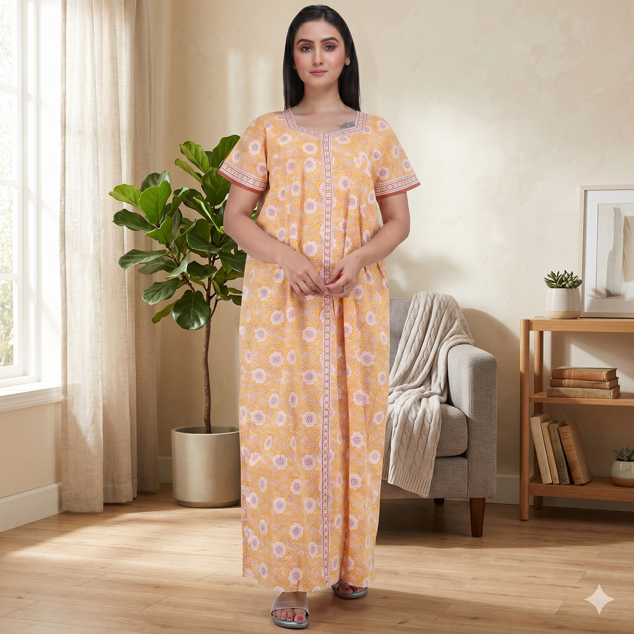 Pure Cotton Light Yellow Carnation Full Front Open Nighty