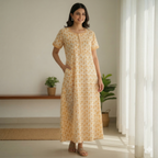 Pure Cotton A-Line Yellow Orchid Nighty