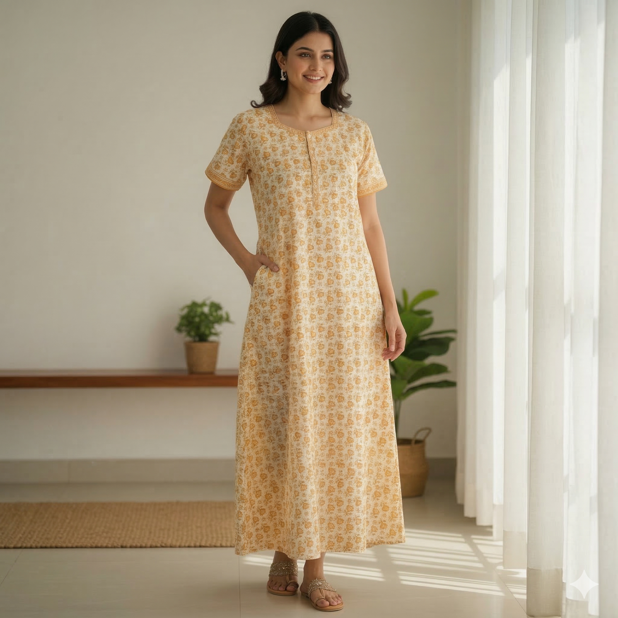 Pure Cotton A-Line Yellow Orchid Nighty
