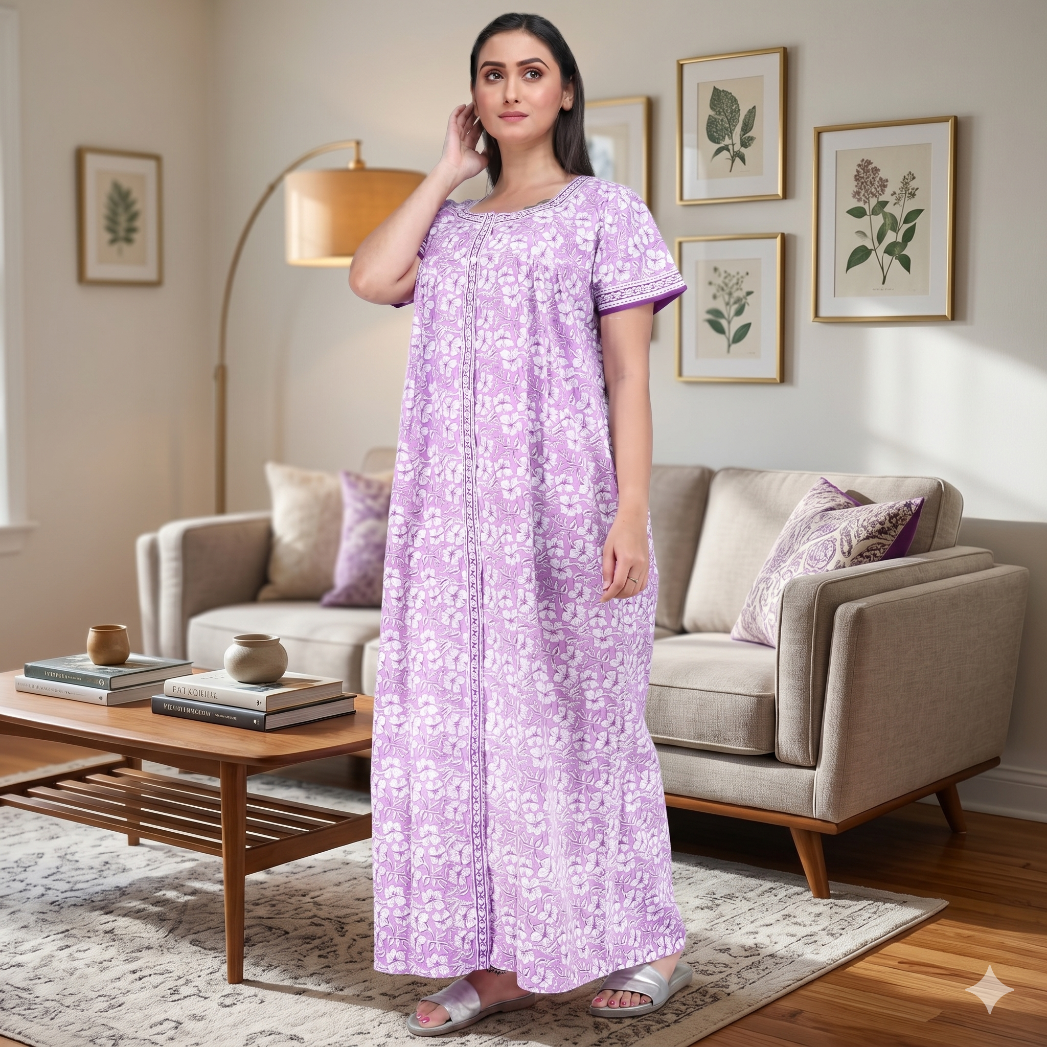 Pure Cotton Purple Carnation Full Front Open Nighty