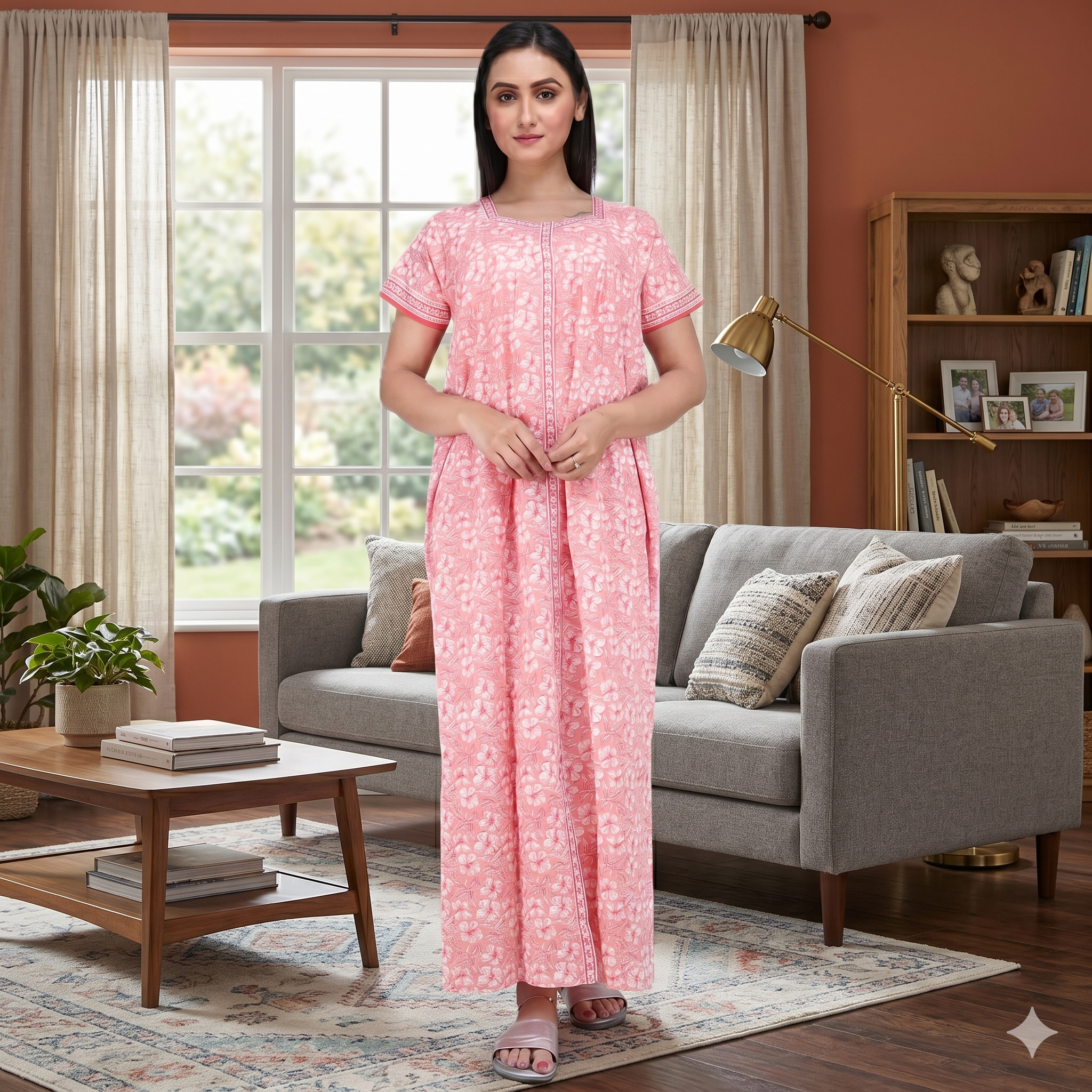 Pure Cotton Peach Carnation Full Front Open Nighty