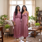Satin Light Pink Daffodils 2pc Set Housecoat
