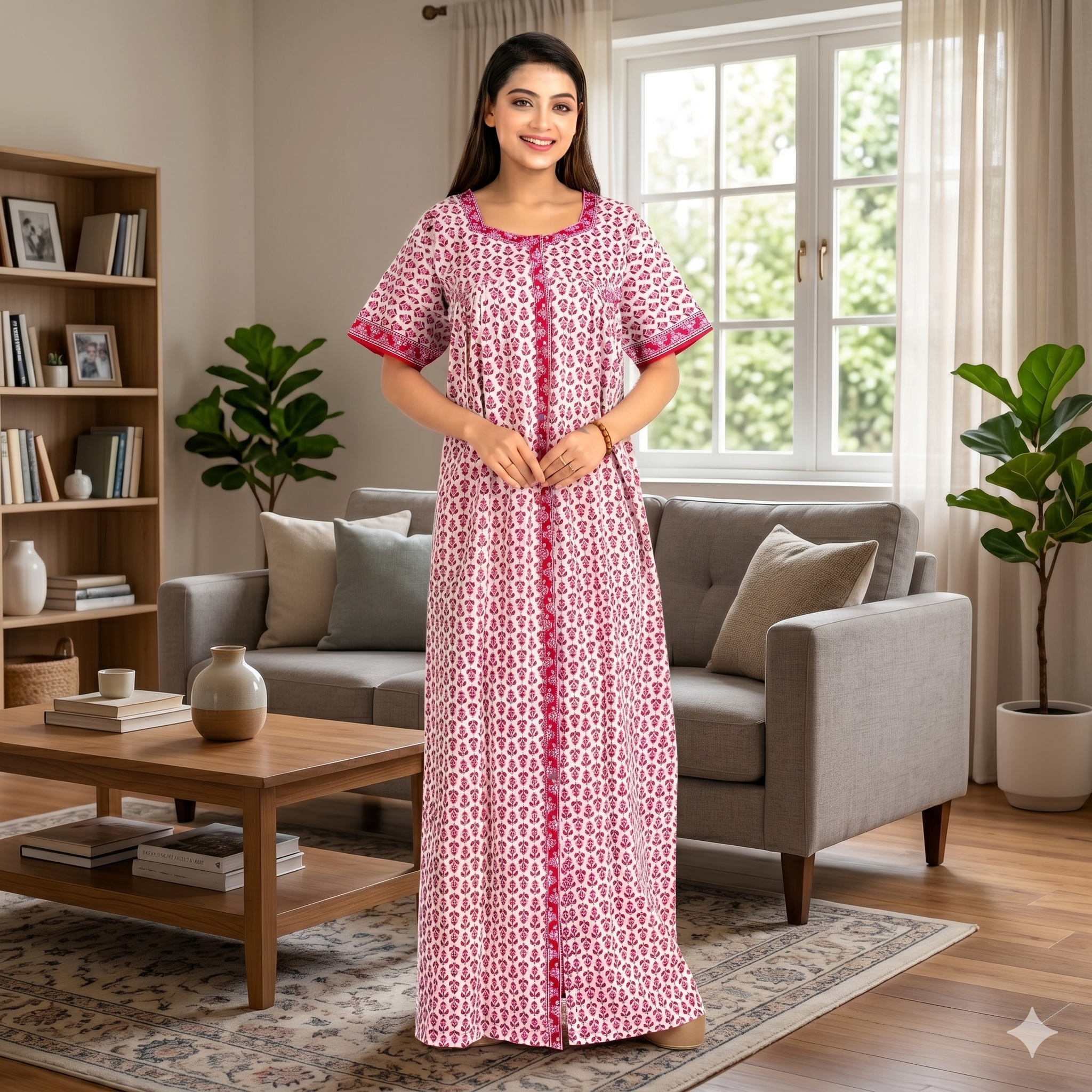 Pure Cotton White Carnation Full Front Open Nighty