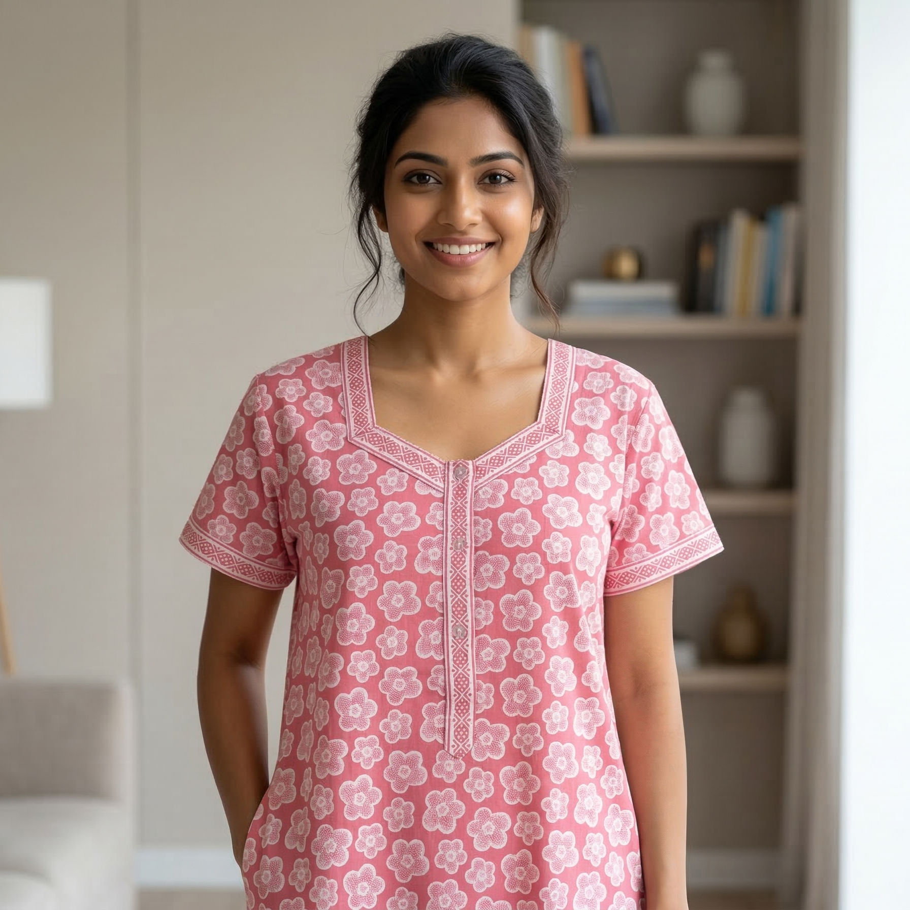 Pure Cotton A-Line Pink Tulip Nighty