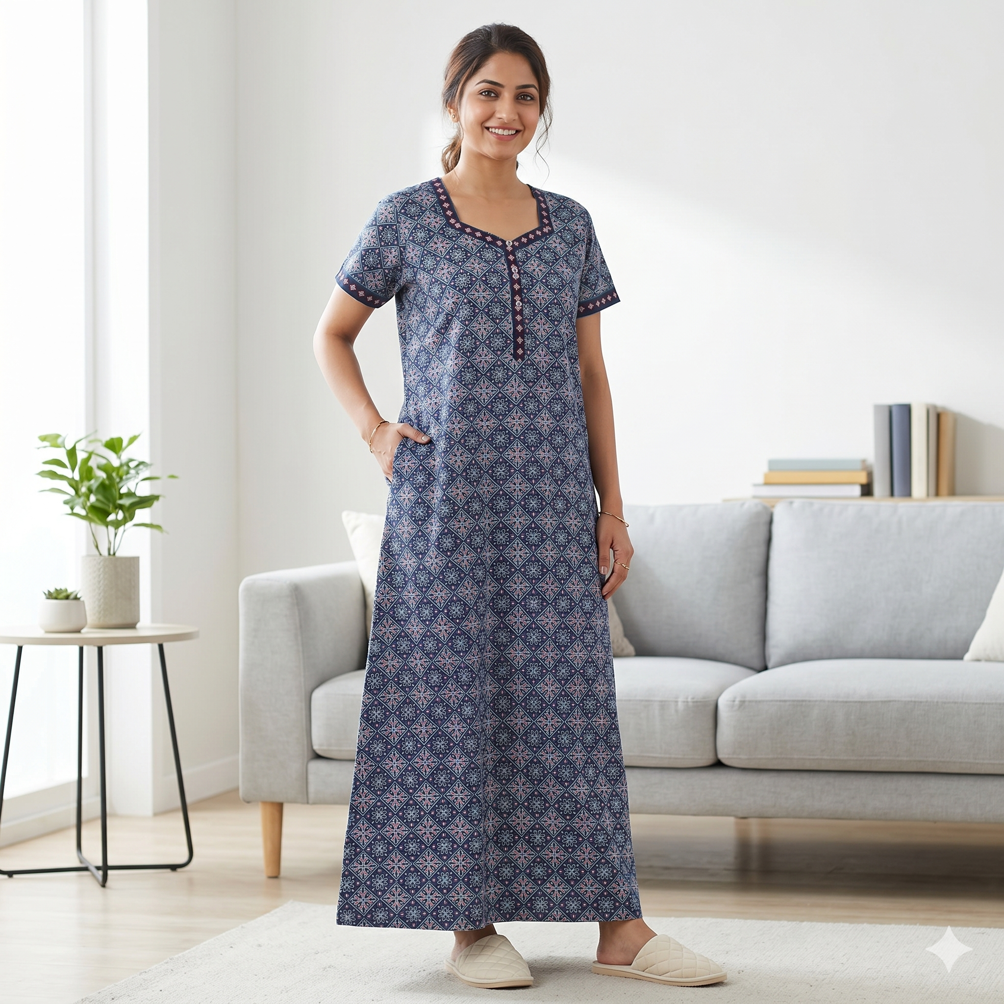 Pure Cotton A-Line Deep Blue Stock Nighty