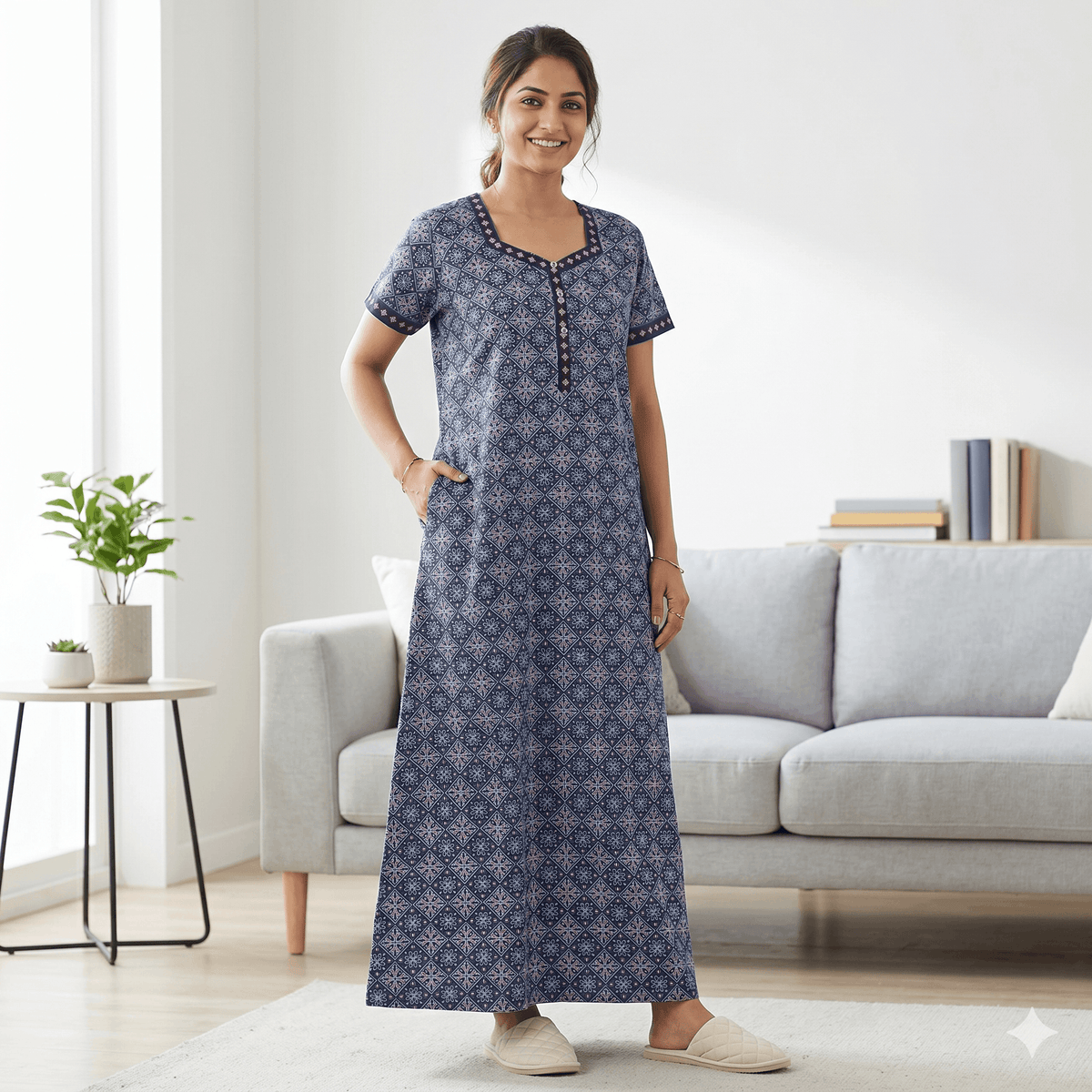 Pure Cotton A-Line Deep Blue Stock Nighty