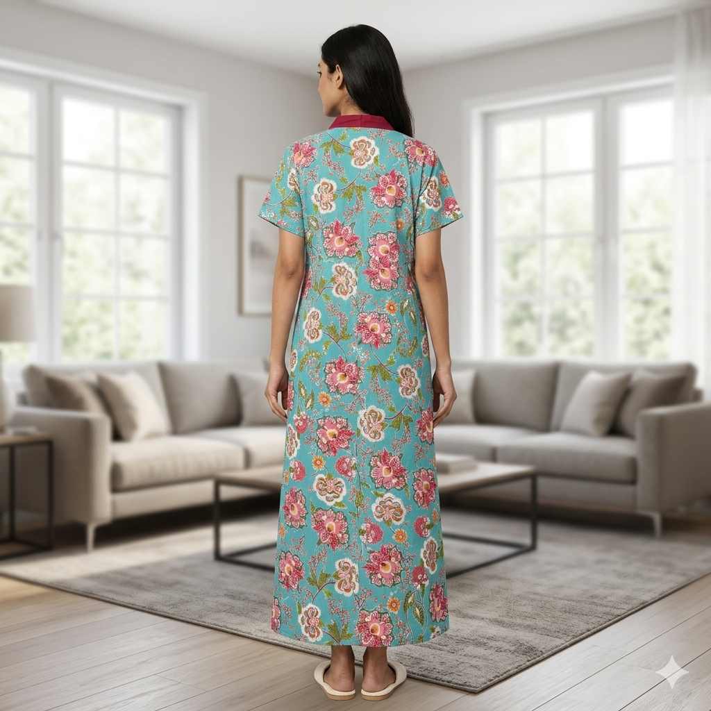 Pure Cotton Sky Blue Peony Housecoat