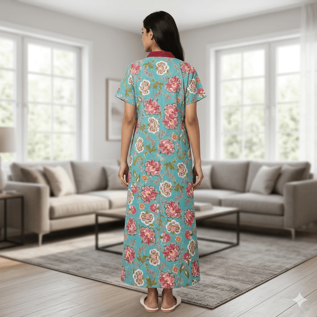 Pure Cotton Sky Blue Peony Housecoat