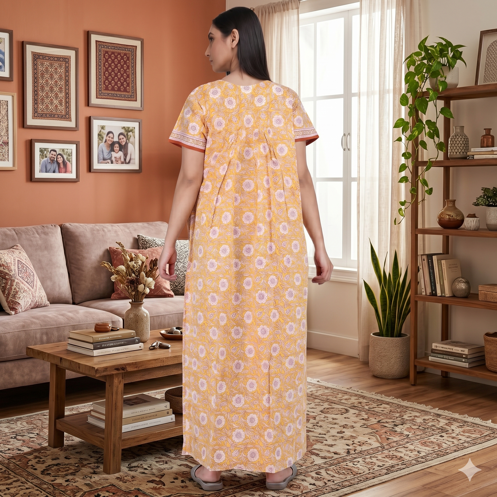 Pure Cotton Light Yellow Carnation Full Front Open Nighty