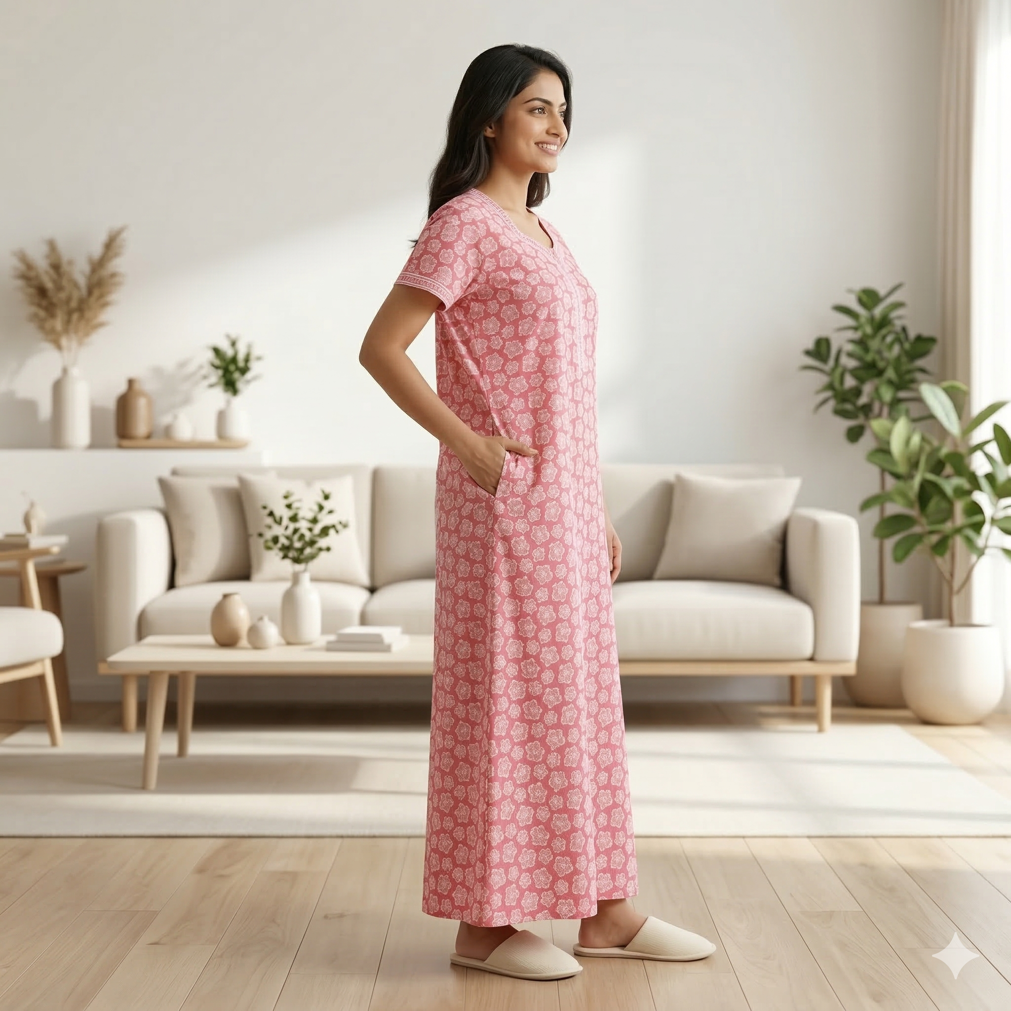 Pure Cotton A-Line Pink Tulip Nighty