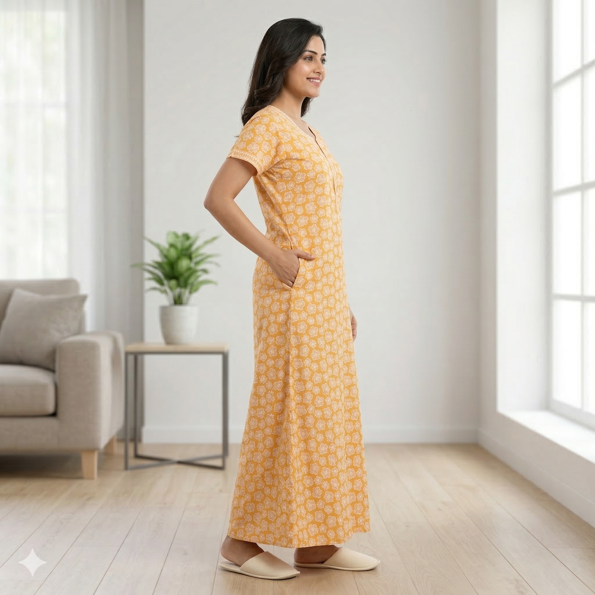 Pure Cotton A-Line Yellow Tulip Nighty