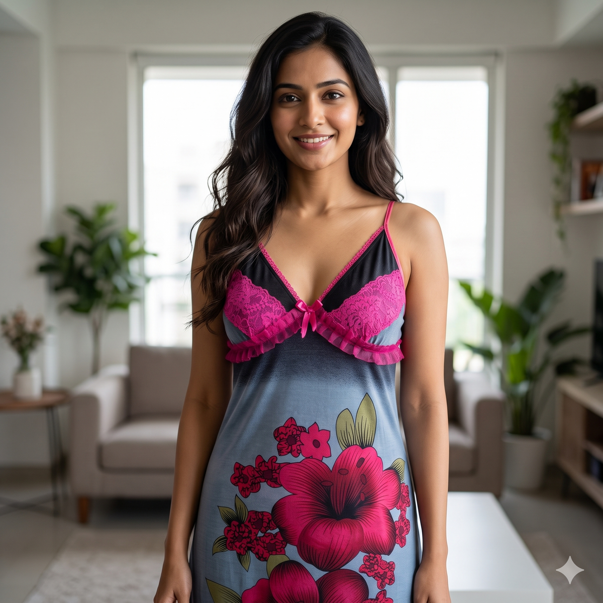 Fancy Grey Sleepwear Nighty With Panty Set