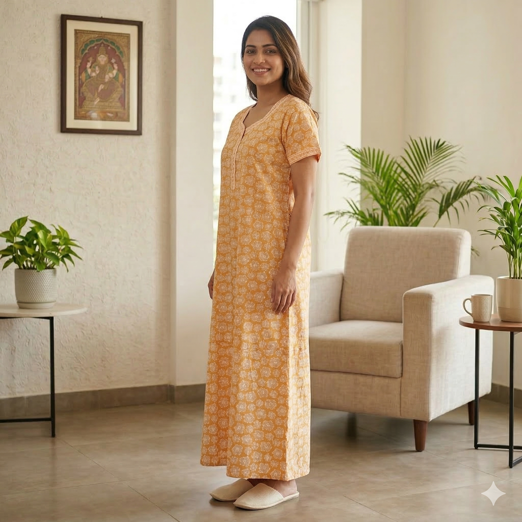 Pure Cotton A-Line Yellow Tulip Nighty