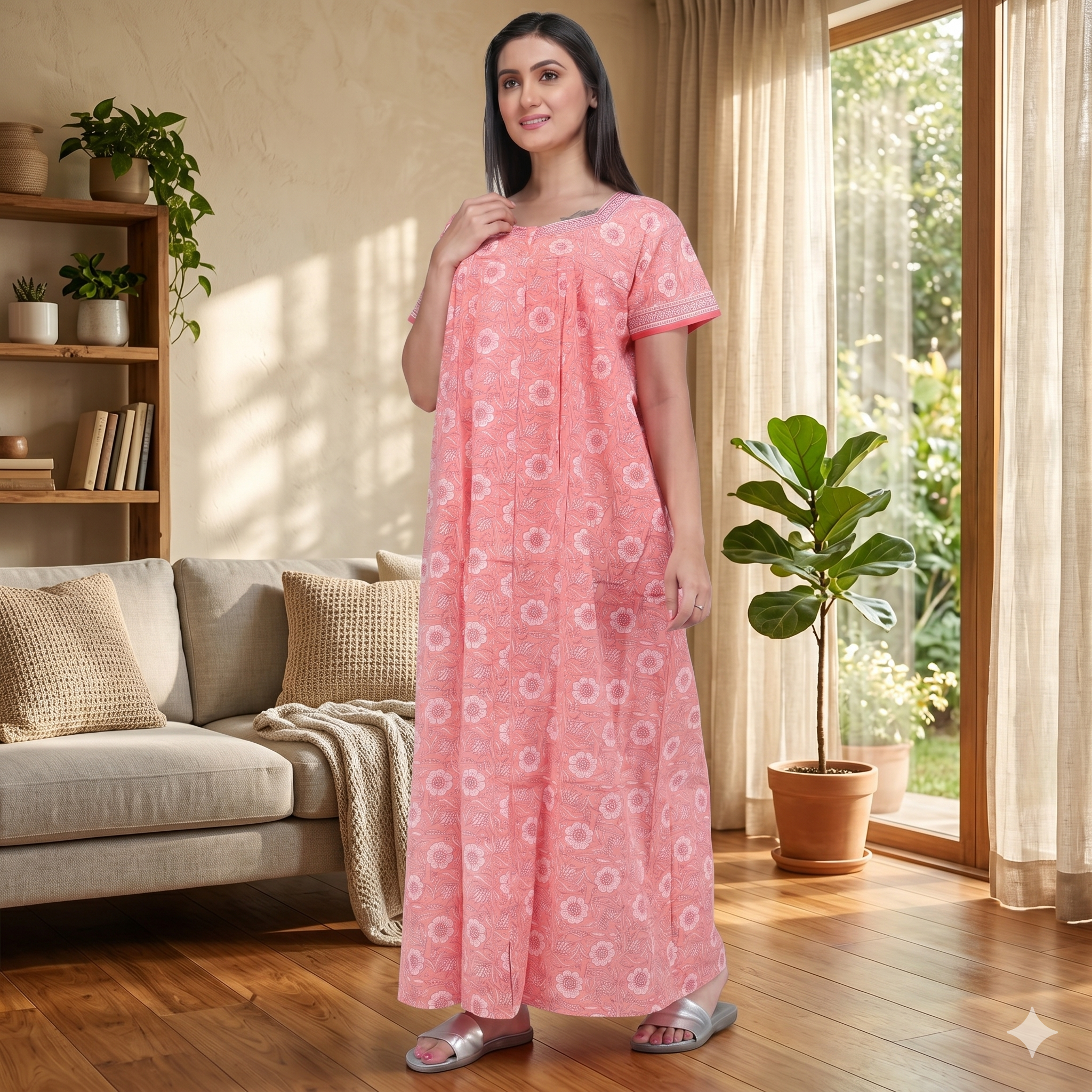 Pure Cotton Light Peach Carnation Full Front Open Nighty