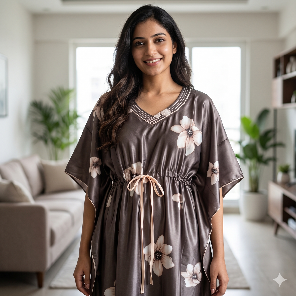 Satin Grey Daisy Kaftan Nighty