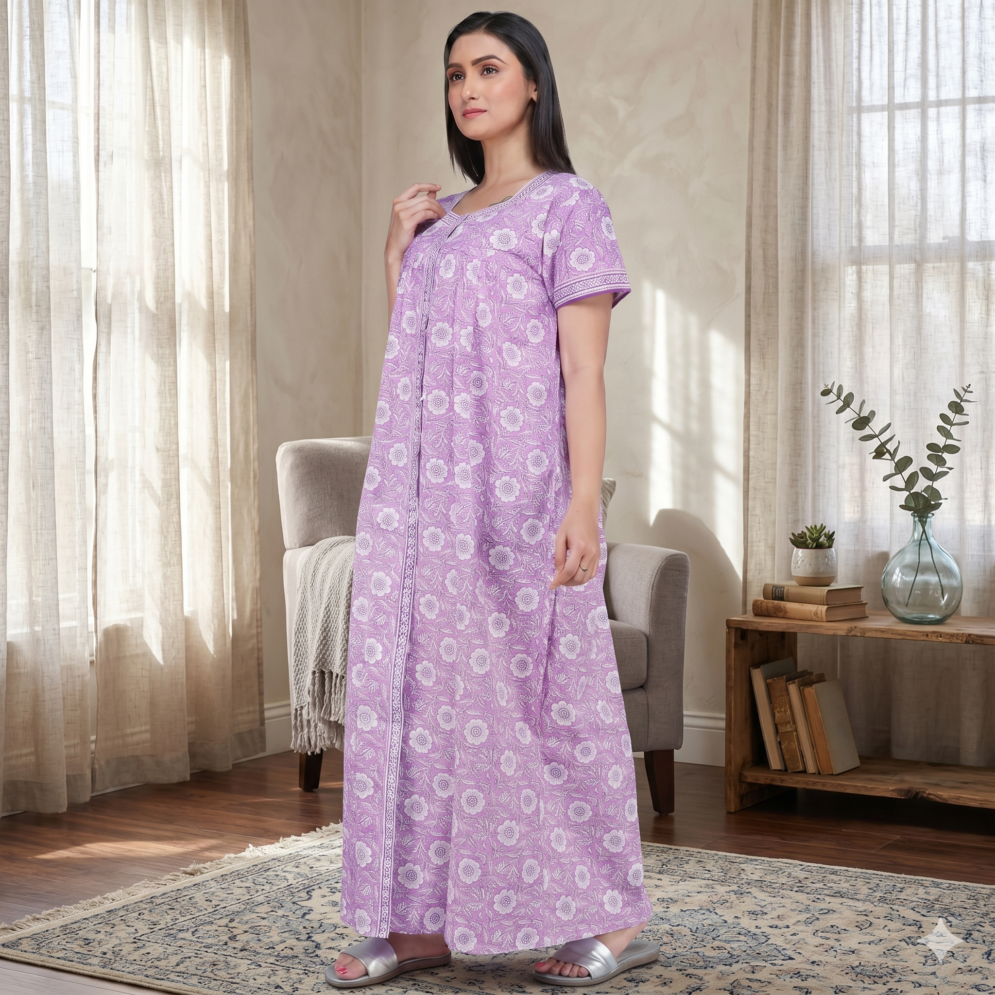 Pure Cotton Light Purple Carnation Full Front Open Nighty