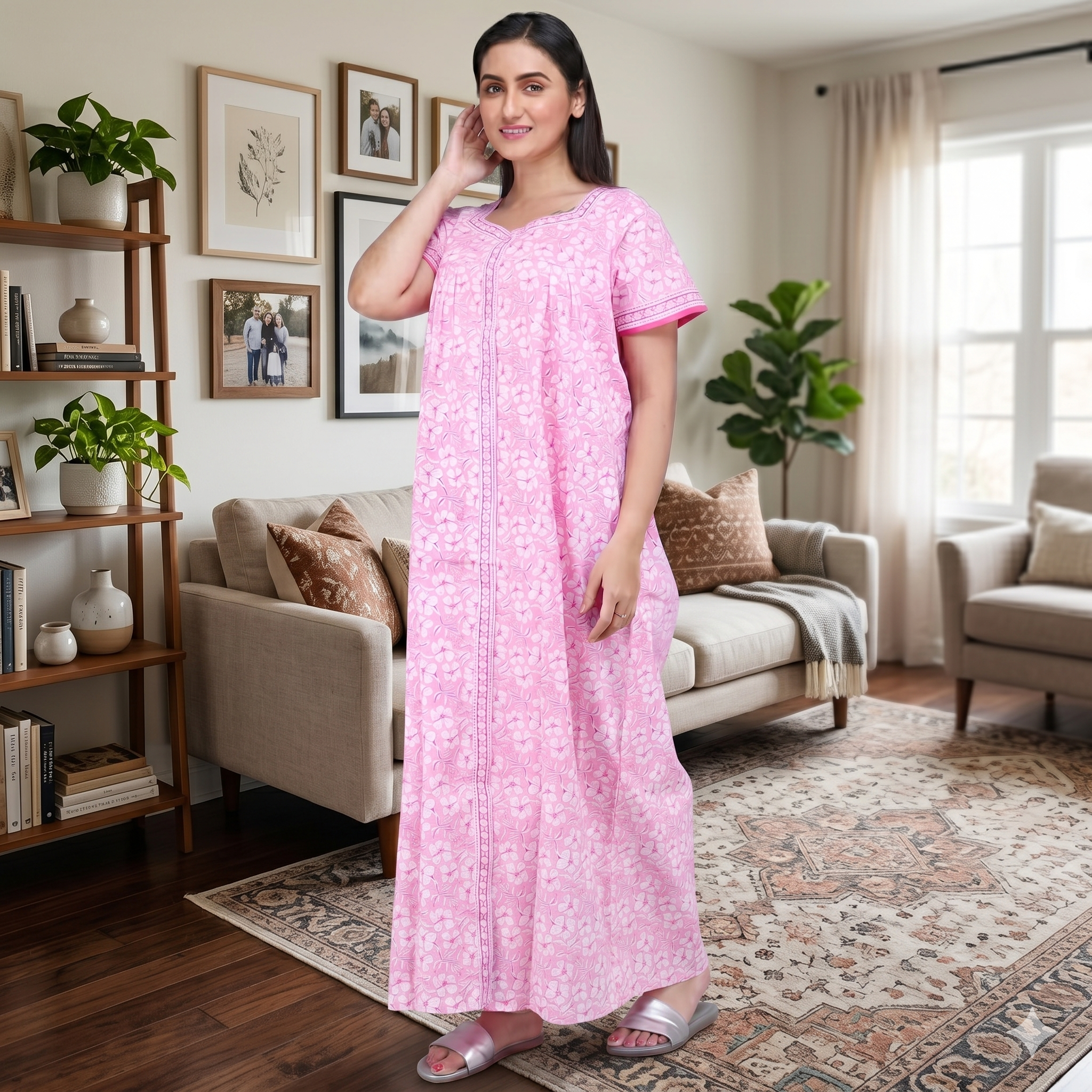 Pure Cotton Pink Carnation Full Front Open Nighty