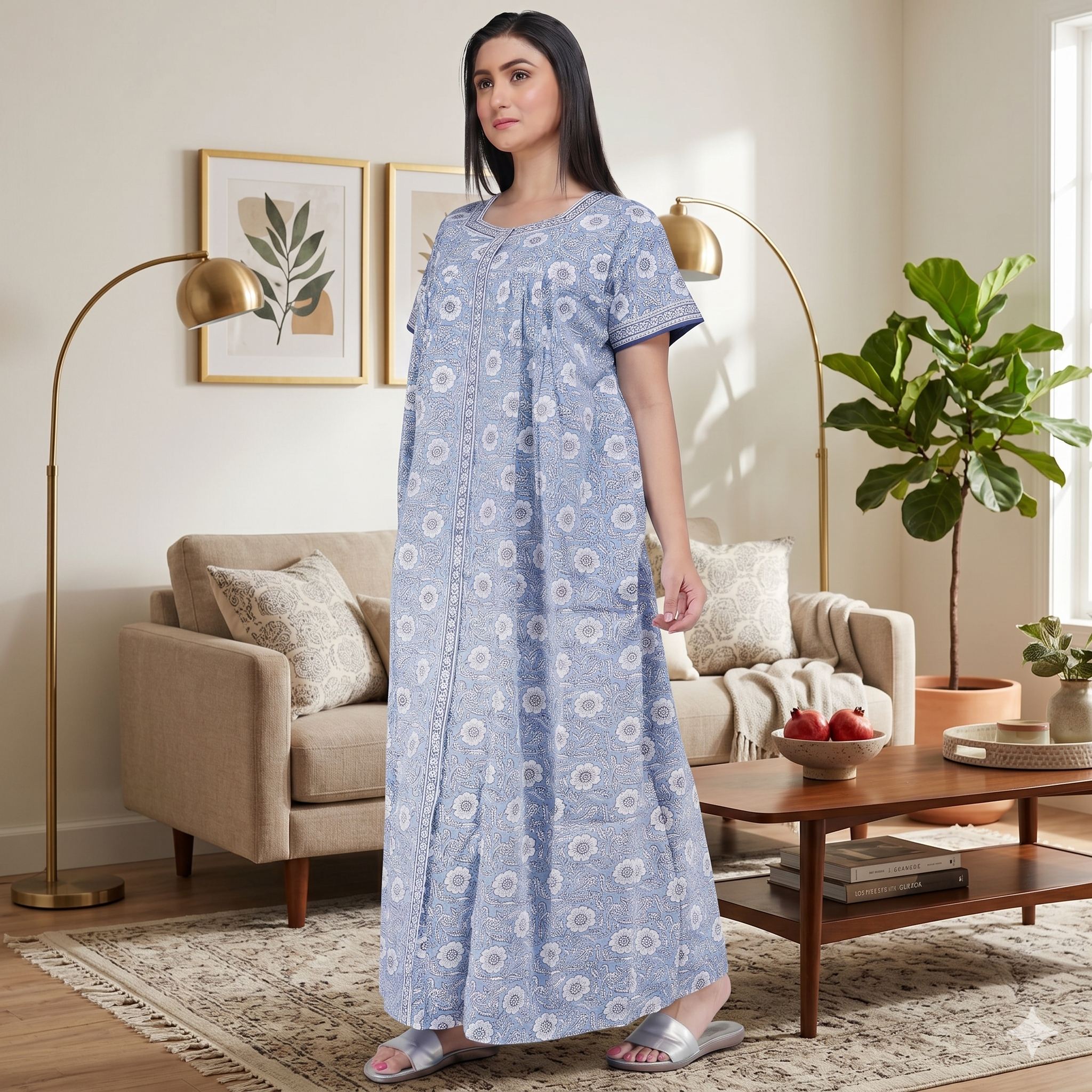 Pure Cotton Light Blue Carnation Full Front Open Nighty