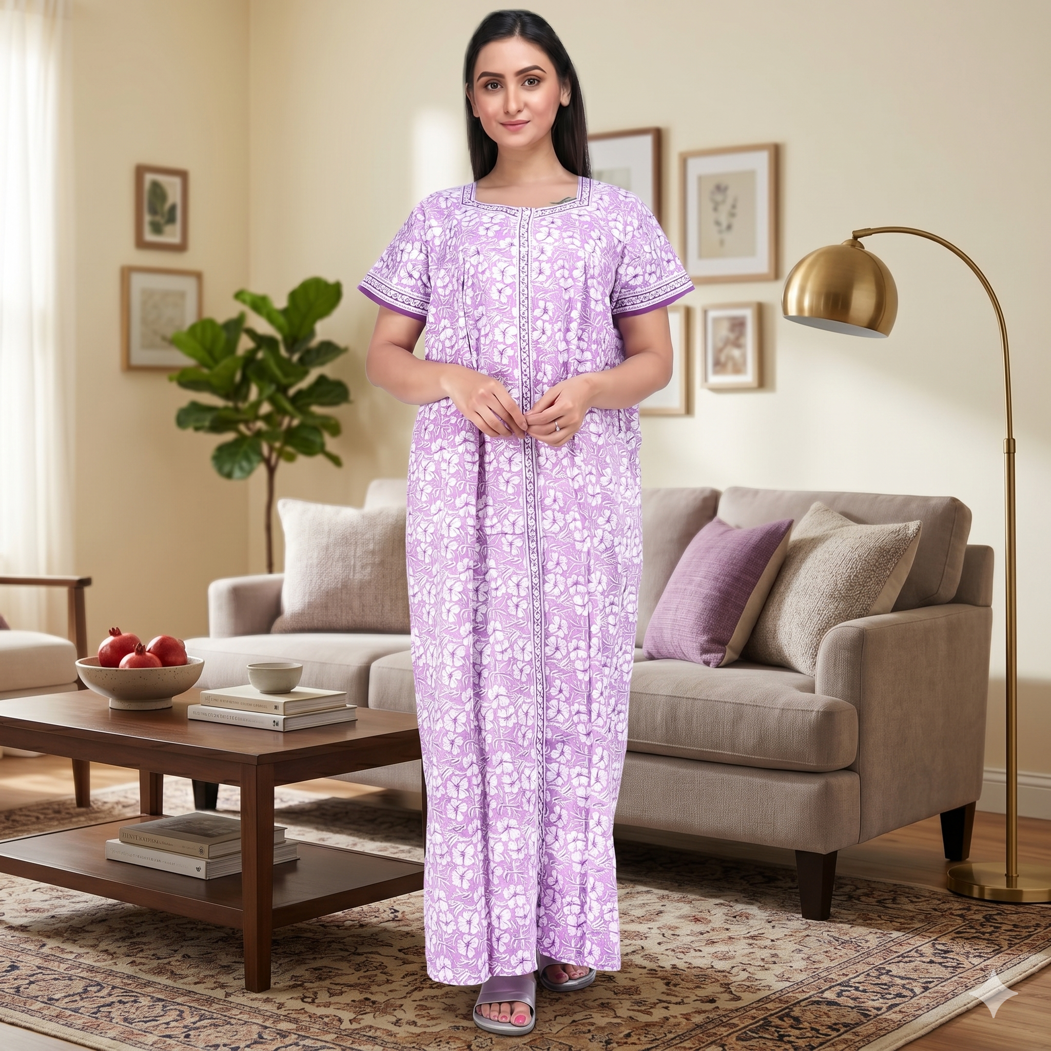 Pure Cotton Purple Carnation Full Front Open Nighty