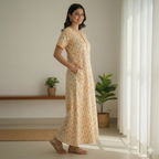 Pure Cotton A-Line Yellow Orchid Nighty