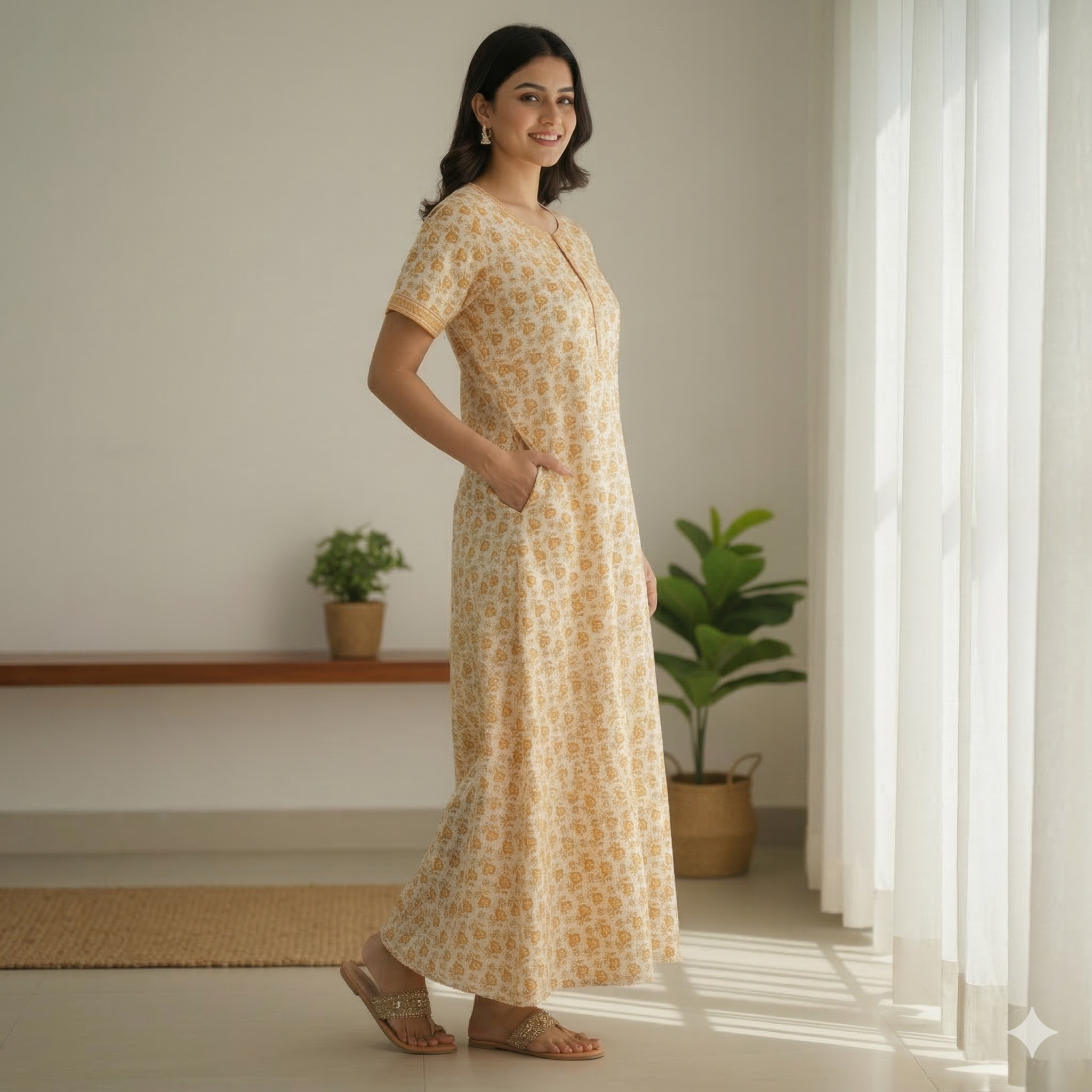 Pure Cotton A-Line Yellow Orchid Nighty