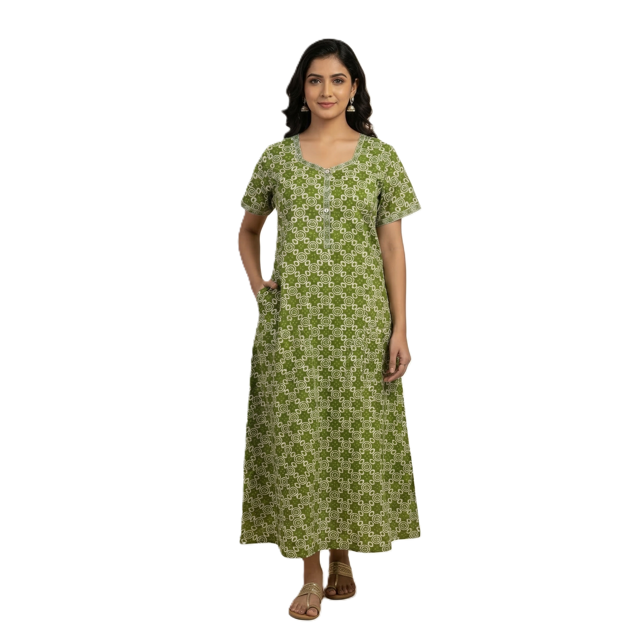 Pure Cotton A-Line Green Rose Nighty