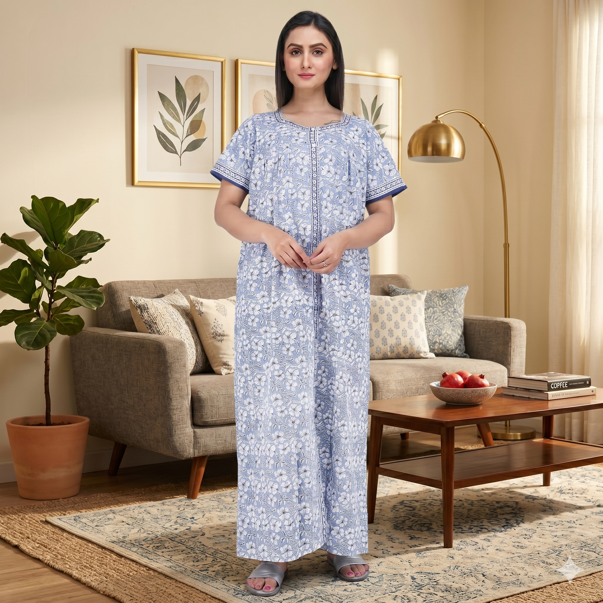 Pure Cotton Blue Carnation Full Front Open Nighty