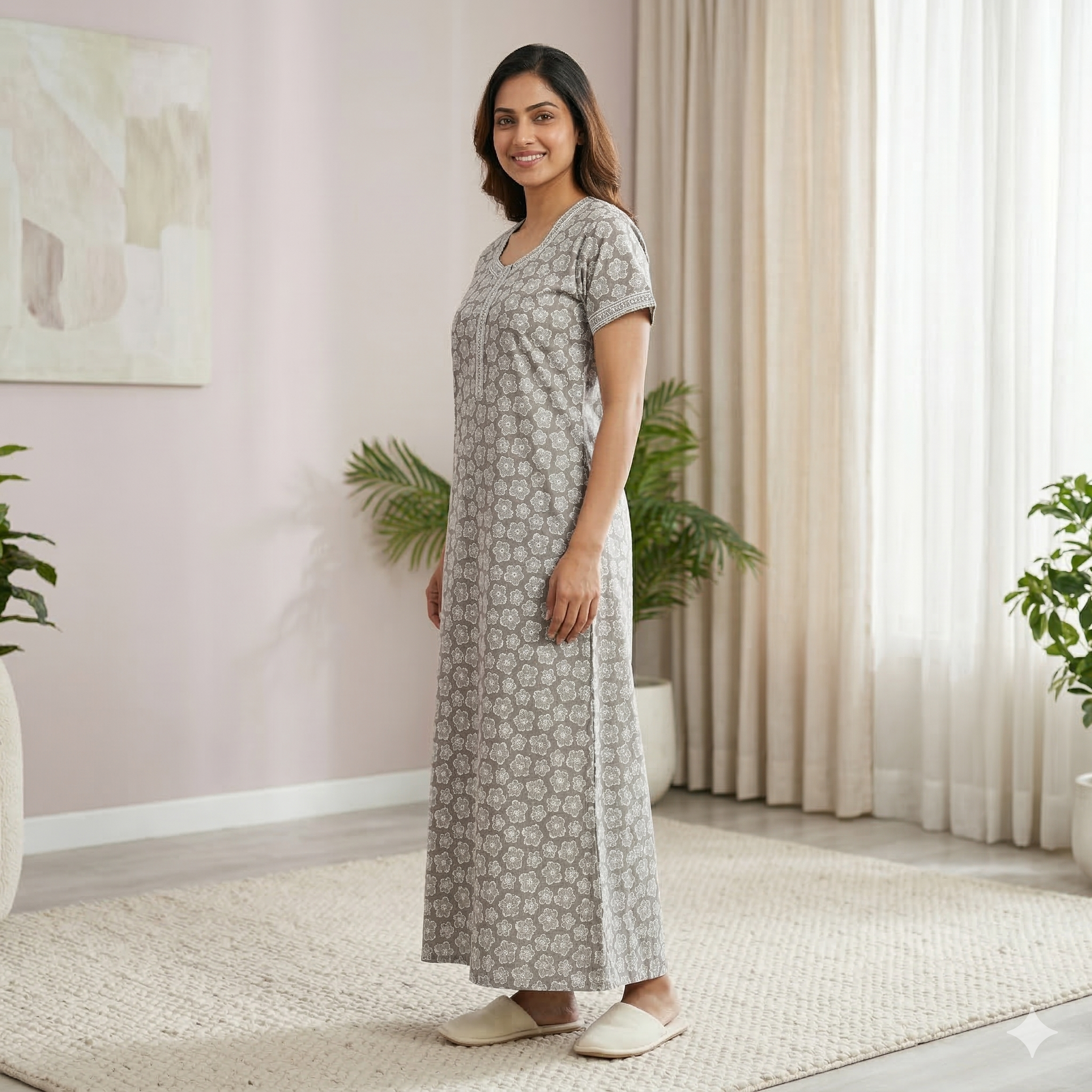 Pure Cotton A-Line Grey Tulip Nighty