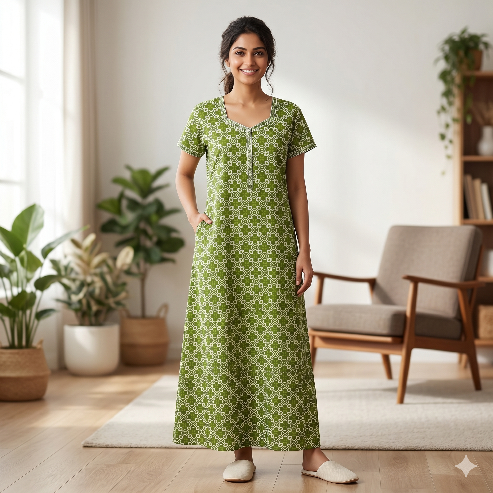Pure Cotton A-Line Green Rose Nighty