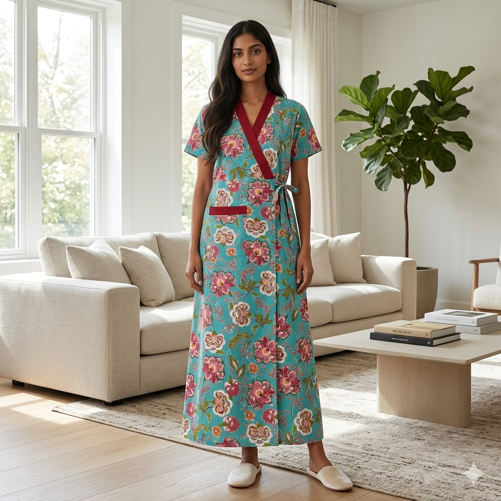 Pure Cotton Sky Blue Peony Housecoat
