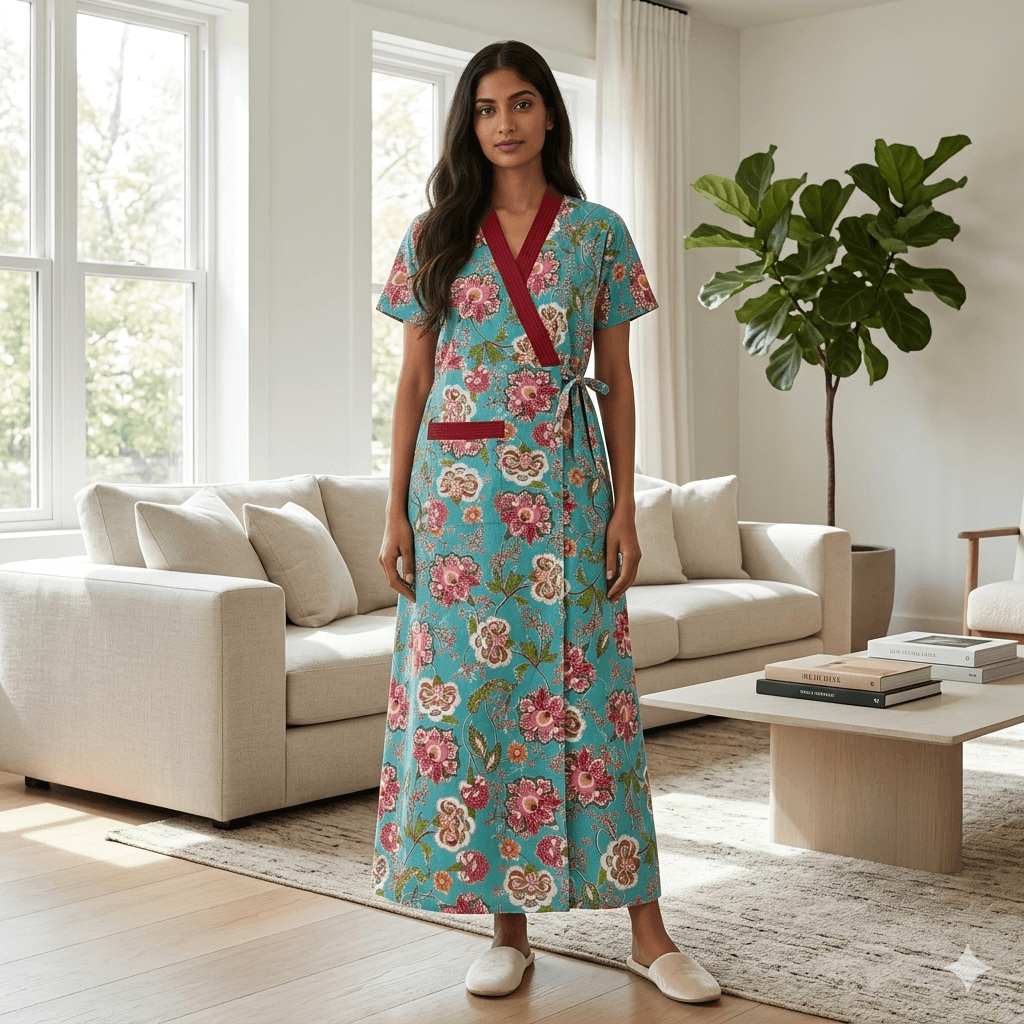 Pure Cotton Sky Blue Peony Housecoat